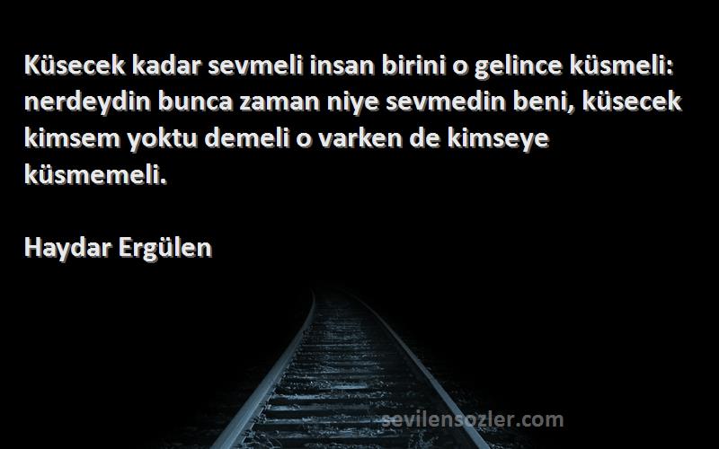 Haydar Ergülen Sözleri 
Küsecek kadar sevmeli insan birini o gelince küsmeli: nerdeydin bunca zaman niye sevmedin beni, küsecek kimsem yoktu demeli o varken de kimseye küsmemeli.