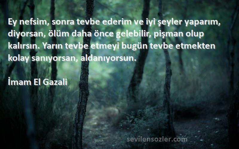 İmam El Gazali Sözleri 
Ey nefsim, sonra tevbe ederim ve iyi şeyler yaparım, diyorsan, ölüm daha önce gelebilir, pişman olup kalırsın. Yarın tevbe etmeyi bugün tevbe etmekten kolay sanıyorsan, aldanıyorsun.