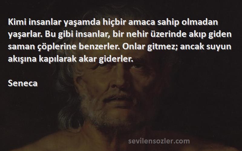 Seneca Sözleri 
Kimi insanlar yaşamda hiçbir amaca sahip olmadan yaşarlar. Bu gibi insanlar, bir nehir üzerinde akıp giden saman çöplerine benzerler. Onlar gitmez; ancak suyun akışına kapılarak akar giderler.