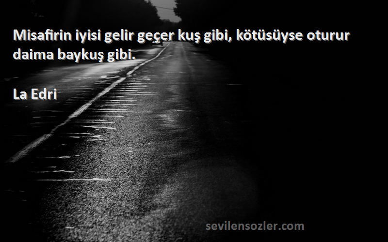 La Edri Sözleri 
Misafirin iyisi gelir geçer kuş gibi, kötüsüyse oturur daima baykuş gibi.