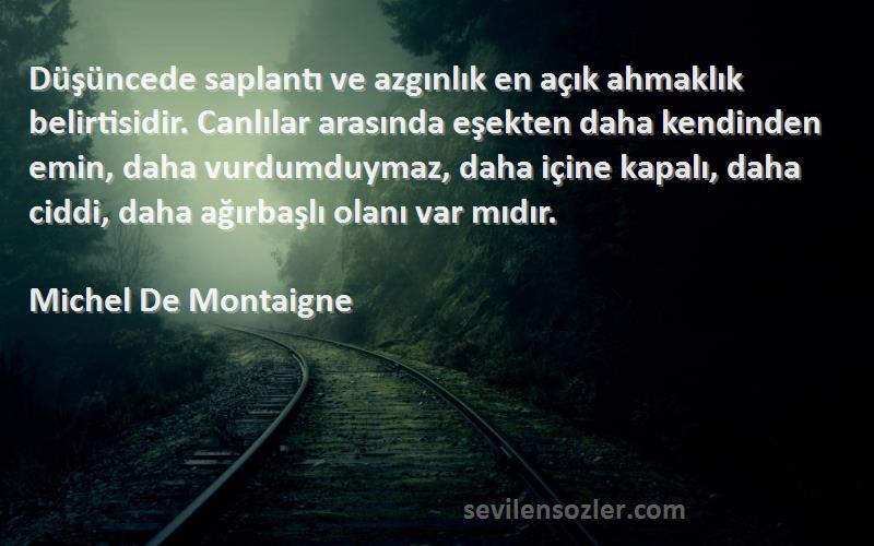 Michel De Montaigne Sözleri 
Düşüncede saplantı ve azgınlık en açık ahmaklık belirtisidir. Canlılar arasında eşekten daha kendinden emin, daha vurdumduymaz, daha içine kapalı, daha ciddi, daha ağırbaşlı olanı var mıdır.