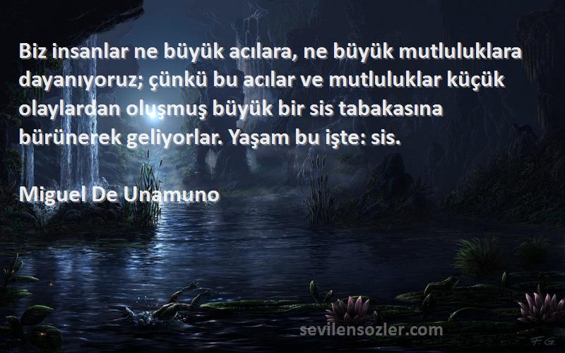 Miguel De Unamuno Sözleri 
Biz insanlar ne büyük acılara, ne büyük mutluluklara dayanıyoruz; çünkü bu acılar ve mutluluklar küçük olaylardan oluşmuş büyük bir sis tabakasına bürünerek geliyorlar. Yaşam bu işte: sis.