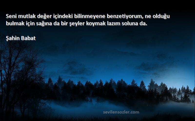 Şahin Babat Sözleri 
Seni mutlak değer içindeki bilinmeyene benzetiyorum, ne olduğu bulmak için sağına da bir şeyler koymak lazım soluna da.