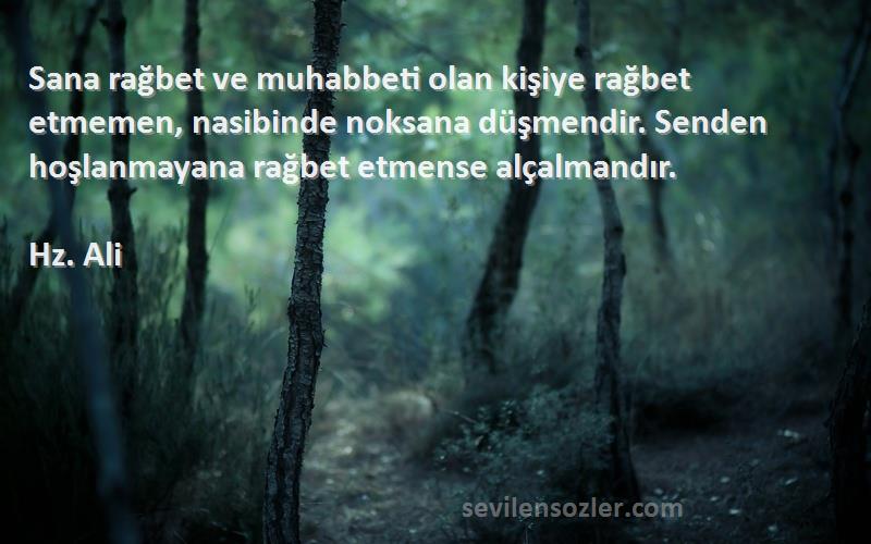 Hz. Ali Sözleri 
Sana rağbet ve muhabbeti olan kişiye rağbet etmemen, nasibinde noksana düşmendir. Senden hoşlanmayana rağbet etmense alçalmandır.