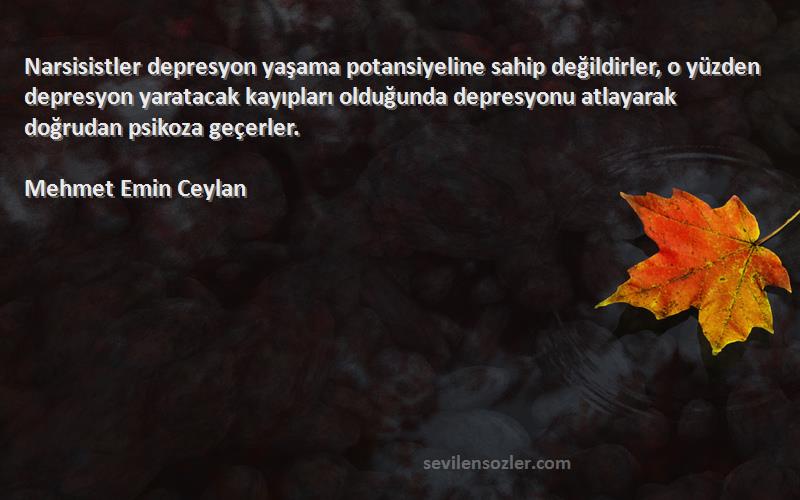 Mehmet Emin Ceylan Sözleri 
Narsisistler depresyon yaşama potansiyeline sahip değildirler, o yüzden depresyon yaratacak kayıpları olduğunda depresyonu atlayarak doğrudan psikoza geçerler.