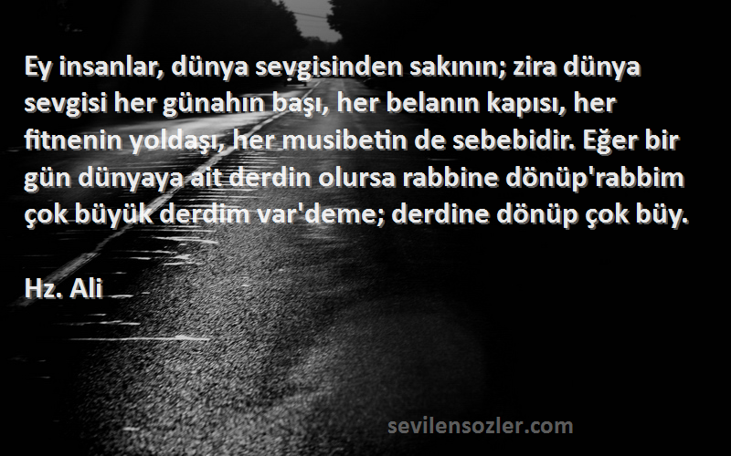 Hz. Ali Sözleri 
Ey insanlar, dünya sevgisinden sakının; zira dünya sevgisi her günahın başı, her belanın kapısı, her fitnenin yoldaşı, her musibetin de sebebidir. Eğer bir gün dünyaya ait derdin olursa rabbine dönüp'rabbim çok büyük derdim var'deme; derdine dönüp çok büy.