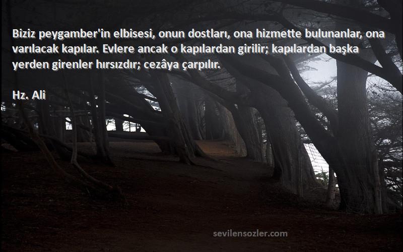 Hz. Ali Sözleri 
Biziz peygamber'in elbisesi, onun dostları, ona hizmette bulunanlar, ona varılacak kapılar. Evlere ancak o kapılardan girilir; kapılardan başka yerden girenler hırsızdır; cezâya çarpılır.