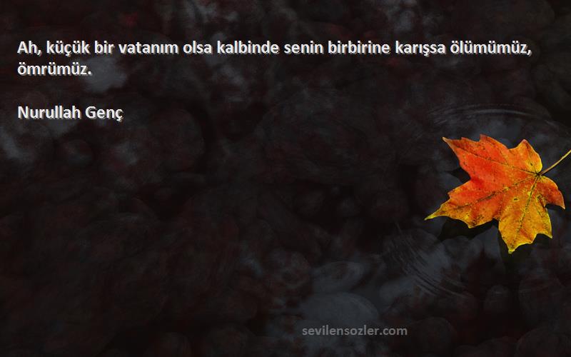 Nurullah Genç Sözleri 
Ah, küçük bir vatanım olsa kalbinde senin birbirine karışsa ölümümüz, ömrümüz.