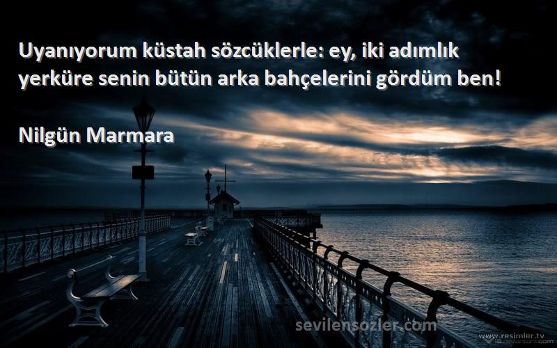 Nilgün Marmara Sözleri 
Uyanıyorum küstah sözcüklerle: ey, iki adımlık yerküre senin bütün arka bahçelerini gördüm ben!