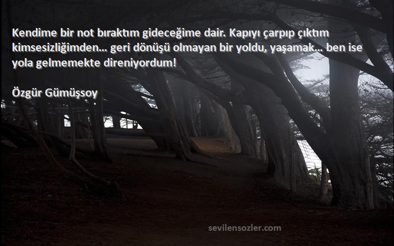 Özgür Gümüşsoy Sözleri 
Kendime bir not bıraktım gideceğime dair. Kapıyı çarpıp çıktım kimsesizliğimden… geri dönüşü olmayan bir yoldu, yaşamak… ben ise yola gelmemekte direniyordum!