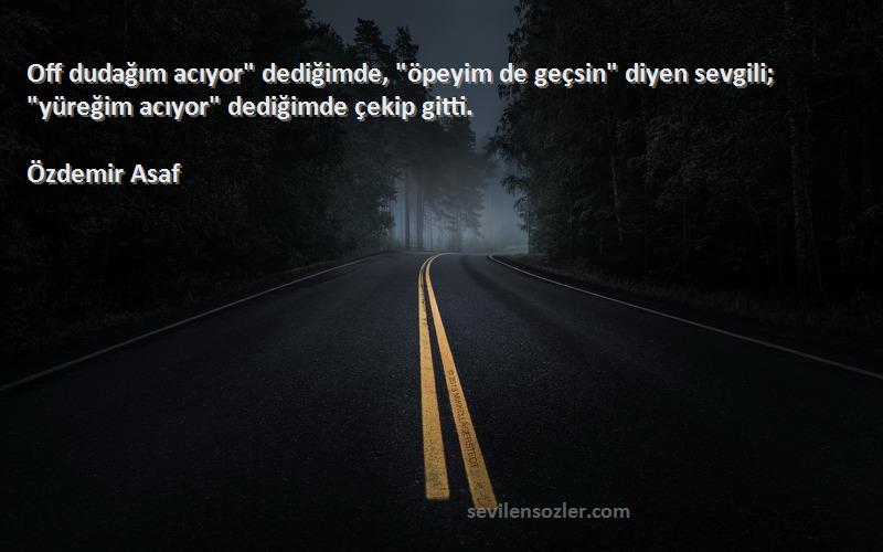 Özdemir Asaf Sözleri 
Off dudağım acıyor dediğimde, öpeyim de geçsin diyen sevgili; yüreğim acıyor dediğimde çekip gitti.