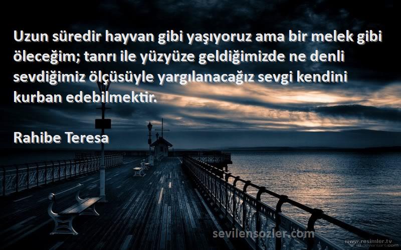 Rahibe Teresa Sözleri 
Uzun süredir hayvan gibi yaşıyoruz ama bir melek gibi öleceğim; tanrı ile yüzyüze geldiğimizde ne denli sevdiğimiz ölçüsüyle yargılanacağız sevgi kendini kurban edebilmektir.