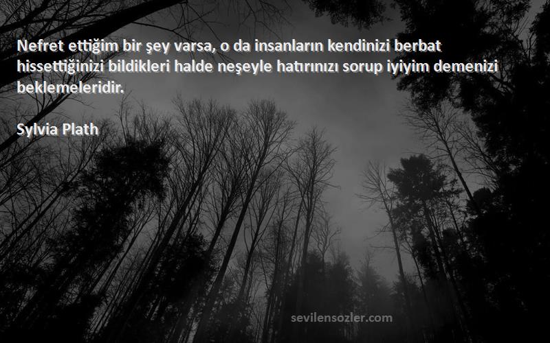 Sylvia Plath Sözleri 
Nefret ettiğim bir şey varsa, o da insanların kendinizi berbat hissettiğinizi bildikleri halde neşeyle hatırınızı sorup iyiyim demenizi beklemeleridir.