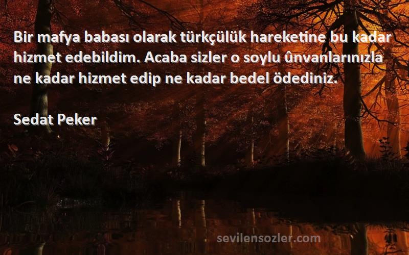 Sedat Peker Sözleri 
Bir mafya babası olarak türkçülük hareketine bu kadar hizmet edebildim. Acaba sizler o soylu ûnvanlarınızla ne kadar hizmet edip ne kadar bedel ödediniz.