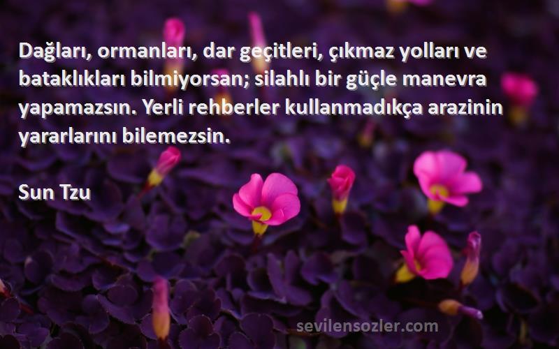 Sun Tzu Sözleri 
Dağları, ormanları, dar geçitleri, çıkmaz yolları ve bataklıkları bilmiyorsan; silahlı bir güçle manevra yapamazsın. Yerli rehberler kullanmadıkça arazinin yararlarını bilemezsin.