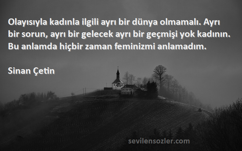 Sinan Çetin Sözleri 
Olayısıyla kadınla ilgili ayrı bir dünya olmamalı. Ayrı bir sorun, ayrı bir gelecek ayrı bir geçmişi yok kadının. Bu anlamda hiçbir zaman feminizmi anlamadım.