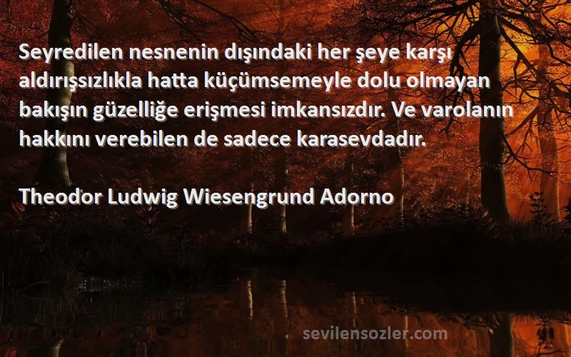 Theodor Ludwig Wiesengrund Adorno Sözleri 
Seyredilen nesnenin dışındaki her şeye karşı aldırışsızlıkla hatta küçümsemeyle dolu olmayan bakışın güzelliğe erişmesi imkansızdır. Ve varolanın hakkını verebilen de sadece karasevdadır.