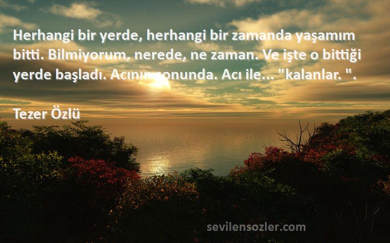 Tezer Özlü Sözleri 
Herhangi bir yerde, herhangi bir zamanda yaşamım bitti. Bilmiyorum, nerede, ne zaman. Ve işte o bittiği yerde başladı. Acının sonunda. Acı ile... kalanlar. .