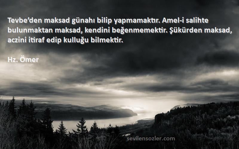 Hz. Ömer Sözleri 
Tevbe’den maksad günahı bilip yapmamaktır. Amel-i salihte bulunmaktan maksad, kendini beğenmemektir. Şükürden maksad, aczini itiraf edip kulluğu bilmektir.