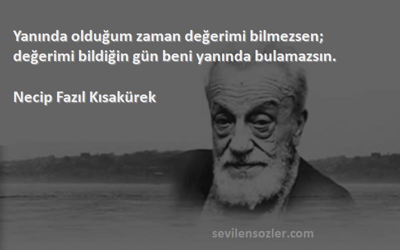 Necip Fazıl Kısakürek Sözleri 
Yanında olduğum zaman değerimi bilmezsen; değerimi bildiğin gün beni yanında bulamazsın.