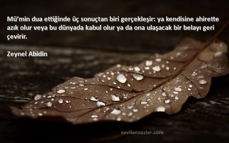 Zeynel Abidin Sözleri 
Mü’min dua ettiğinde üç sonuçtan biri gerçekleşir: ya kendisine ahirette azık olur veya bu dünyada kabul olur ya da ona ulaşacak bir belayı geri çevirir.