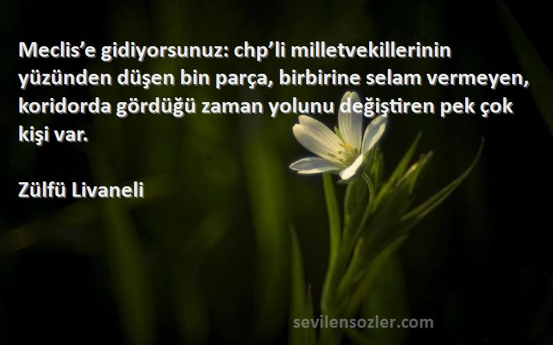 Zülfü Livaneli Sözleri 
Meclis’e gidiyorsunuz: chp’li milletvekillerinin yüzünden düşen bin parça, birbirine selam vermeyen, koridorda gördüğü zaman yolunu değiştiren pek çok kişi var.