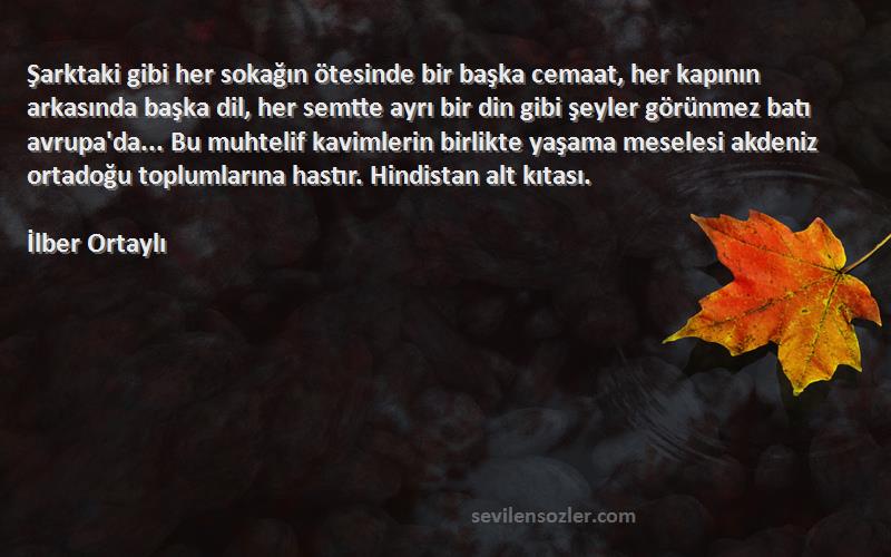 İlber Ortaylı Sözleri 
Şarktaki gibi her sokağın ötesinde bir başka cemaat, her kapının arkasında başka dil, her semtte ayrı bir din gibi şeyler görünmez batı avrupa'da... Bu muhtelif kavimlerin birlikte yaşama meselesi akdeniz ortadoğu toplumlarına hastır. Hindistan alt kıtası.