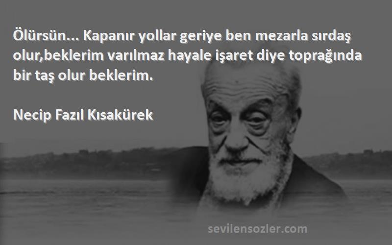 Necip Fazıl Kısakürek Sözleri 
Ölürsün... Kapanır yollar geriye ben mezarla sırdaş olur,beklerim varılmaz hayale işaret diye toprağında bir taş olur beklerim.