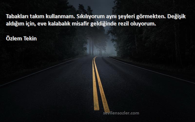 Özlem Tekin Sözleri 
Tabakları takım kullanmam. Sıkılıyorum aynı şeyleri görmekten. Değişik aldığım için, eve kalabalık misafir geldiğinde rezil oluyorum.