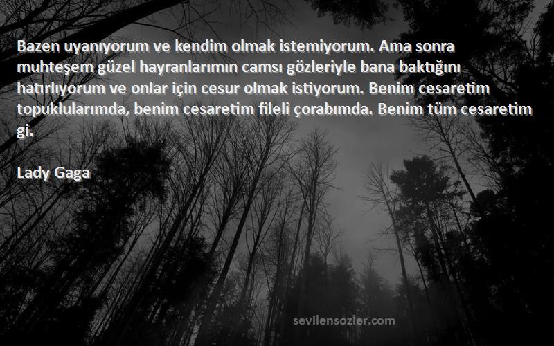 Lady Gaga Sözleri 
Bazen uyanıyorum ve kendim olmak istemiyorum. Ama sonra muhteşem güzel hayranlarımın camsı gözleriyle bana baktığını hatırlıyorum ve onlar için cesur olmak istiyorum. Benim cesaretim topuklularımda, benim cesaretim fileli çorabımda. Benim tüm cesaretim gi.