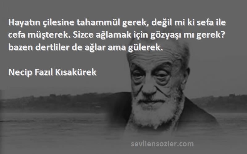 Necip Fazıl Kısakürek Sözleri 
Hayatın çilesine tahammül gerek, değil mi ki sefa ile cefa müşterek. Sizce ağlamak için gözyaşı mı gerek? bazen dertliler de ağlar ama gülerek.