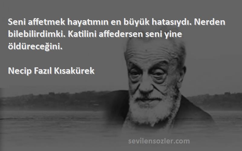 Necip Fazıl Kısakürek Sözleri 
Seni affetmek hayatımın en büyük hatasıydı. Nerden bilebilirdimki. Katilini affedersen seni yine öldüreceğini.