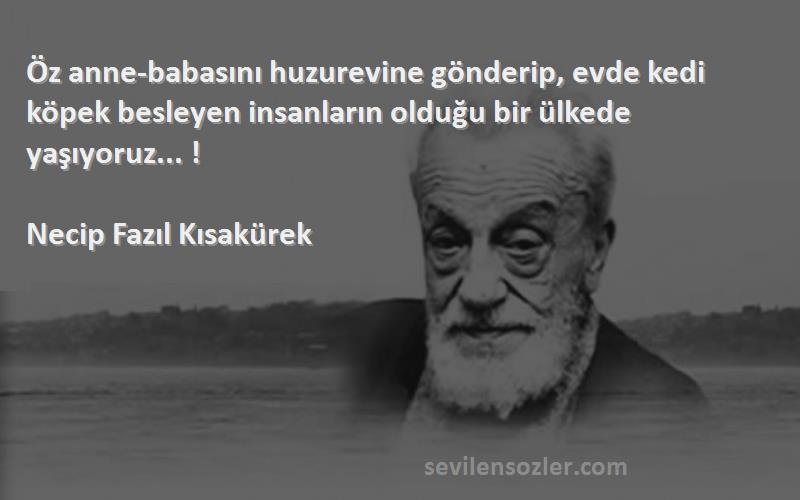 Necip Fazıl Kısakürek Sözleri 
Öz anne-babasını huzurevine gönderip, evde kedi köpek besleyen insanların olduğu bir ülkede yaşıyoruz... !