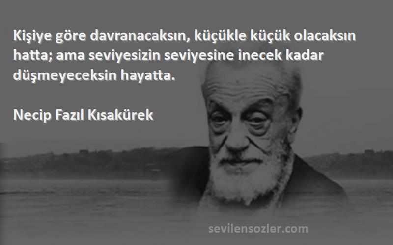 Necip Fazıl Kısakürek Sözleri 
Kişiye göre davranacaksın, küçükle küçük olacaksın hatta; ama seviyesizin seviyesine inecek kadar düşmeyeceksin hayatta.