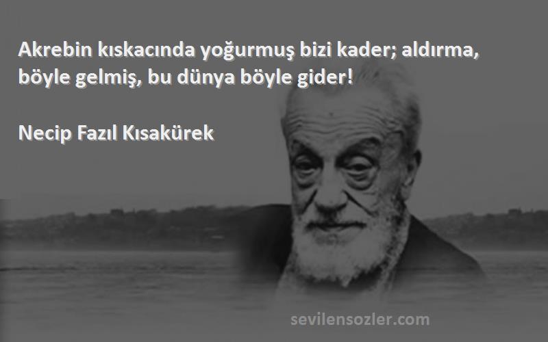 Necip Fazıl Kısakürek Sözleri 
Akrebin kıskacında yoğurmuş bizi kader; aldırma, böyle gelmiş, bu dünya böyle gider!