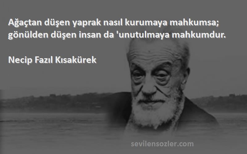 Necip Fazıl Kısakürek Sözleri 
Ağaçtan düşen yaprak nasıl kurumaya mahkumsa; gönülden düşen insan da 'unutulmaya mahkumdur.