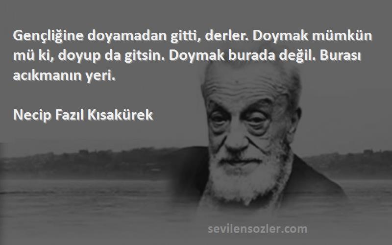 Necip Fazıl Kısakürek Sözleri 
Gençliğine doyamadan gitti, derler. Doymak mümkün mü ki, doyup da gitsin. Doymak burada değil. Burası acıkmanın yeri.