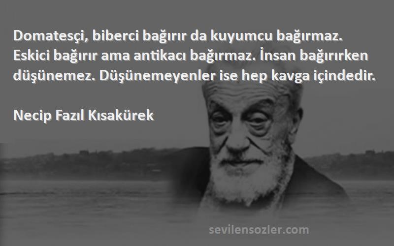 Necip Fazıl Kısakürek Sözleri 
Domatesçi, biberci bağırır da kuyumcu bağırmaz. Eskici bağırır ama antikacı bağırmaz. İnsan bağırırken düşünemez. Düşünemeyenler ise hep kavga içindedir.