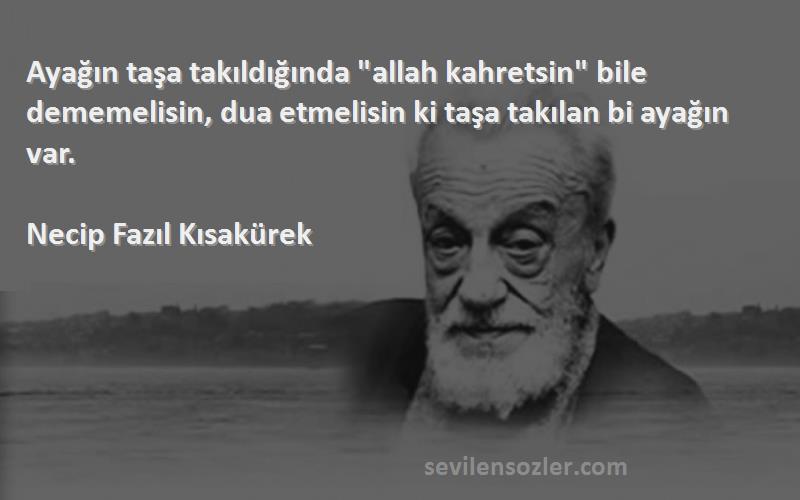 Necip Fazıl Kısakürek Sözleri 
Ayağın taşa takıldığında allah kahretsin bile dememelisin, dua etmelisin ki taşa takılan bi ayağın var.