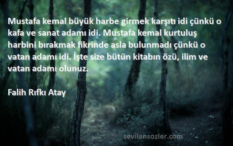 Falih Rıfkı Atay Sözleri 
Mustafa kemal büyük harbe girmek karşıtı idi çünkü o kafa ve sanat adamı idi. Mustafa kemal kurtuluş harbini bırakmak fikrinde asla bulunmadı çünkü o vatan adamı idi. İşte size bütün kitabın özü, ilim ve vatan adamı olunuz.