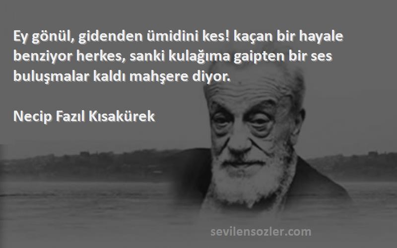 Necip Fazıl Kısakürek Sözleri 
Ey gönül, gidenden ümidini kes! kaçan bir hayale benziyor herkes, sanki kulağıma gaipten bir ses buluşmalar kaldı mahşere diyor.