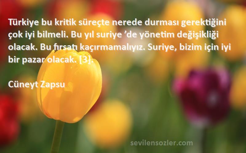 Cüneyt Zapsu Sözleri 
Türkiye bu kritik süreçte nerede durması gerektiğini çok iyi bilmeli. Bu yıl suriye ’de yönetim değişikliği olacak. Bu fırsatı kaçırmamalıyız. Suriye, bizim için iyi bir pazar olacak. [3].