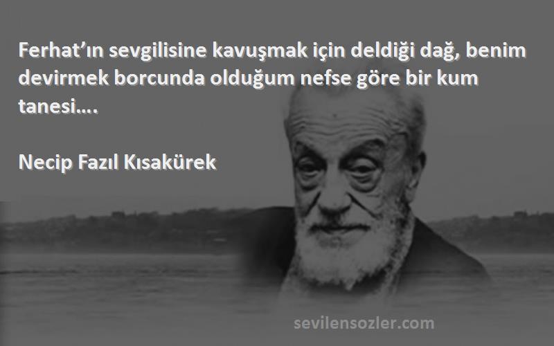 Necip Fazıl Kısakürek Sözleri 
Ferhat’ın sevgilisine kavuşmak için deldiği dağ, benim devirmek borcunda olduğum nefse göre bir kum tanesi….