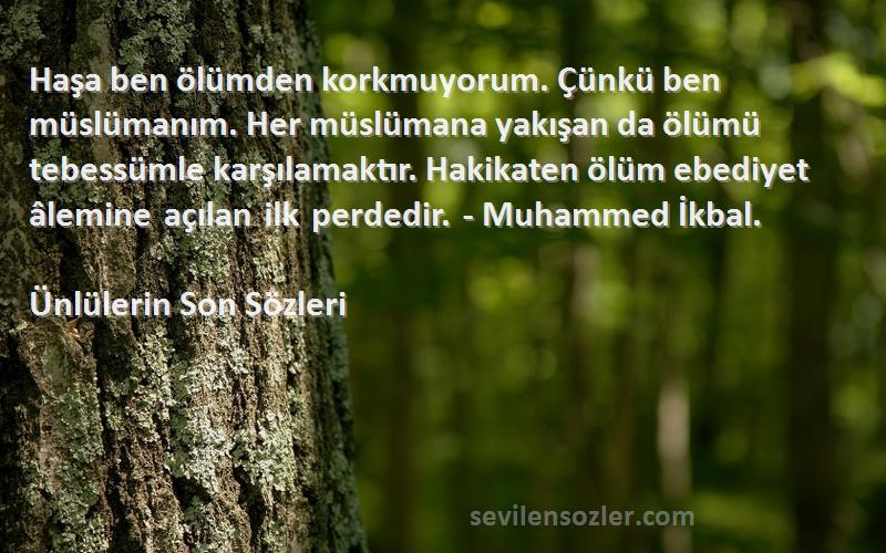 Ünlülerin Son  Sözleri 
Haşa ben ölümden korkmuyorum. Çünkü ben müslümanım. Her müslümana yakışan da ölümü tebessümle karşılamaktır. Hakikaten ölüm ebediyet âlemine açılan ilk perdedir. - Muhammed İkbal.