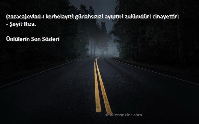 Ünlülerin Son  Sözleri 
(zazaca)evlad-ı kerbelayız! günahsızız! ayıptır! zulümdür! cinayettir! - Şeyit Rıza.