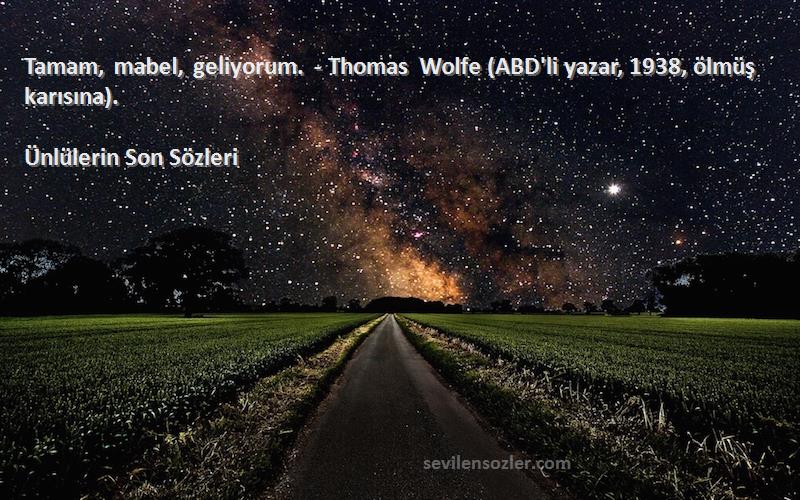 Ünlülerin Son  Sözleri 
Tamam, mabel, geliyorum. - Thomas Wolfe (ABD'li yazar, 1938, ölmüş karısına).