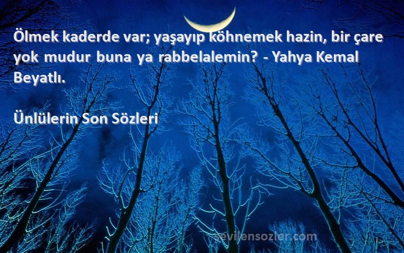 Ünlülerin Son  Sözleri 
Ölmek kaderde var; yaşayıp köhnemek hazin, bir çare yok mudur buna ya rabbelalemin? - Yahya Kemal Beyatlı.