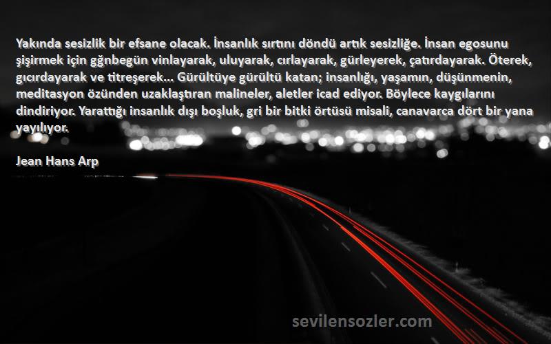 Jean Hans Arp Sözleri 
Yakında sesizlik bir efsane olacak. İnsanlık sırtını döndü artık sesizliğe. İnsan egosunu şişirmek için gğnbegün vinlayarak, uluyarak, cırlayarak, gürleyerek, çatırdayarak. Öterek, gıcırdayarak ve titreşerek... Gürültüye gürültü katan; insanlığı, yaşamın, düşünmenin, meditasyon özünden uzaklaştıran malineler, aletler icad ediyor. Böylece kaygılarını dindiriyor. Yarattığı insanlık dışı boşluk, gri bir bitki örtüsü misali, canavarca dört bir yana yayılıyor.