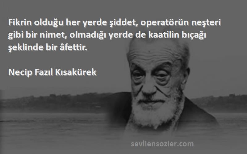 Necip Fazıl Kısakürek Sözleri 
Fikrin olduğu her yerde şiddet, operatörün neşteri gibi bir nimet, olmadığı yerde de kaatilin bıçağı şeklinde bir âfettir.