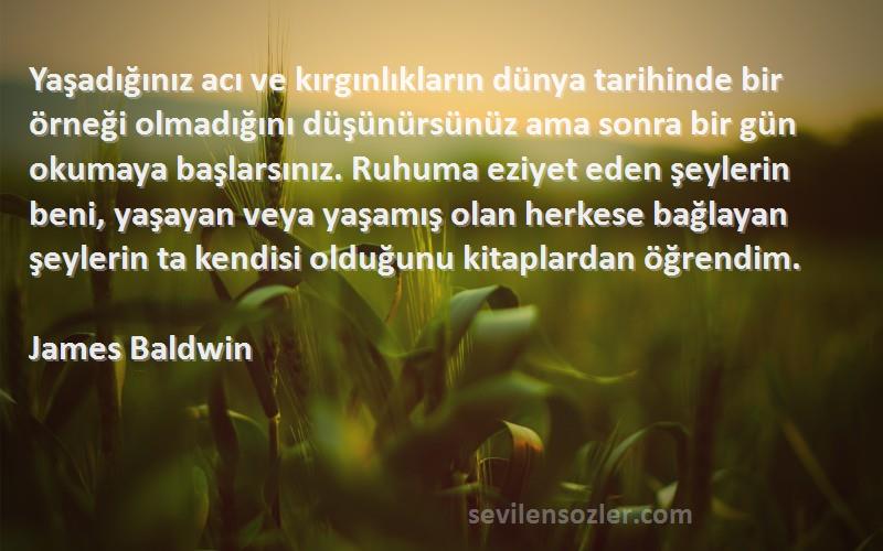 James Baldwin Sözleri 
Yaşadığınız acı ve kırgınlıkların dünya tarihinde bir örneği olmadığını düşünürsünüz ama sonra bir gün okumaya başlarsınız. Ruhuma eziyet eden şeylerin beni, yaşayan veya yaşamış olan herkese bağlayan şeylerin ta kendisi olduğunu kitaplardan öğrendim.